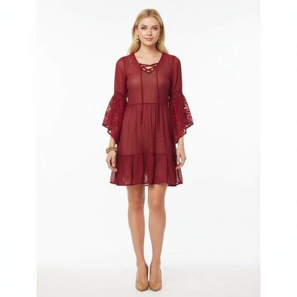 Band Of Gypsies Red 3/4 Poet Sleeve Sheer Tie Bodice Mini Dress XS - Picture 6 of 6